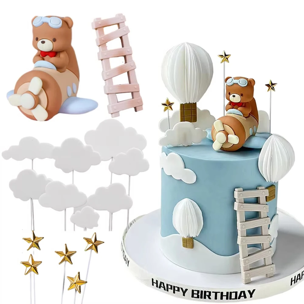 Cartoon Pilot Bear Cake Topper Aviation Theme with Stars Balloons Decor for Happy 1st Birthday Party Baby Shower Supplies