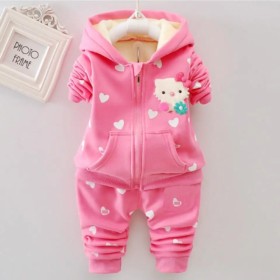 Thick Milk Velvet Toddler Baby Girls Clothes Set Autumn Winter Cartoon 2PCS Outfits Cute Cat Hoodies Jacket And Pants Kids Suit