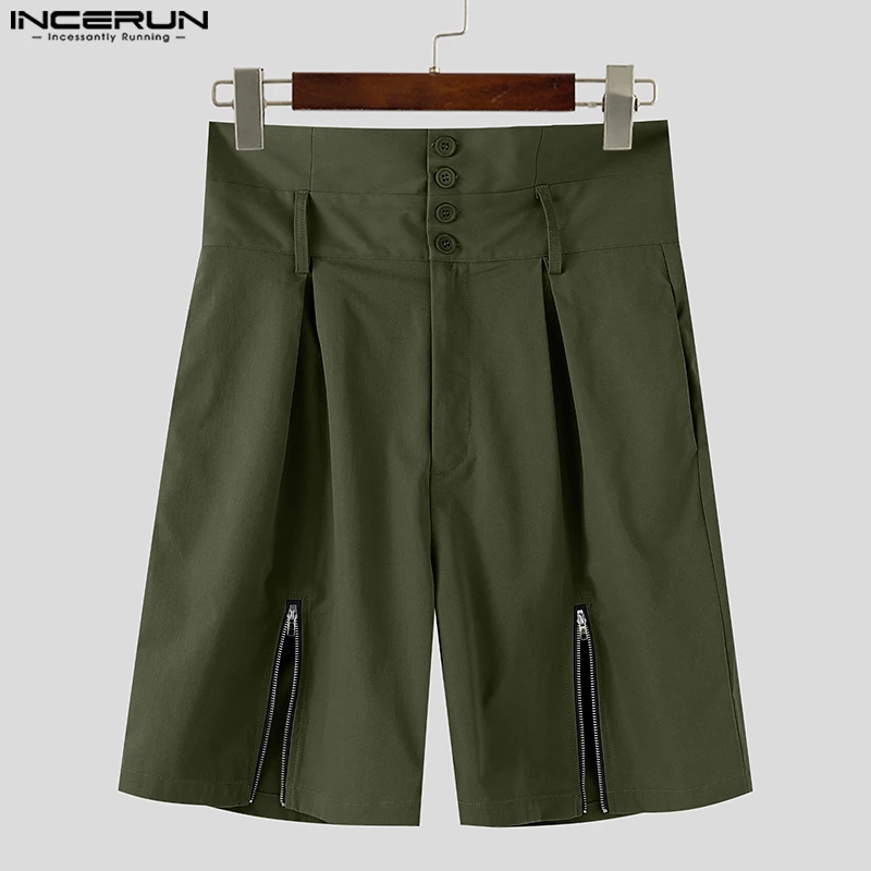

INCERUN мужские шорты однотонные бегуны с высокой талией на пуговицах на молнии повседневные мужские шорты уличная одежда лето 2025 модные мужские шорты