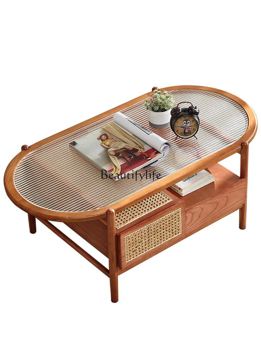 

Small Apartment Solid Wood Tea Table with Drawer Rattan Japanese Modern Changhong Glass Double-Layer Low Table