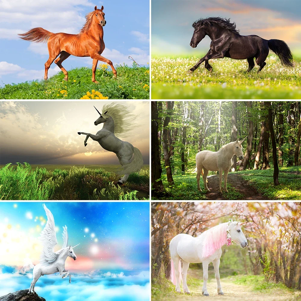 

Photography Background Grassland Blue Sky Cloudy Running Horse Children Photocall Backdrop Photozone for Photo Studio