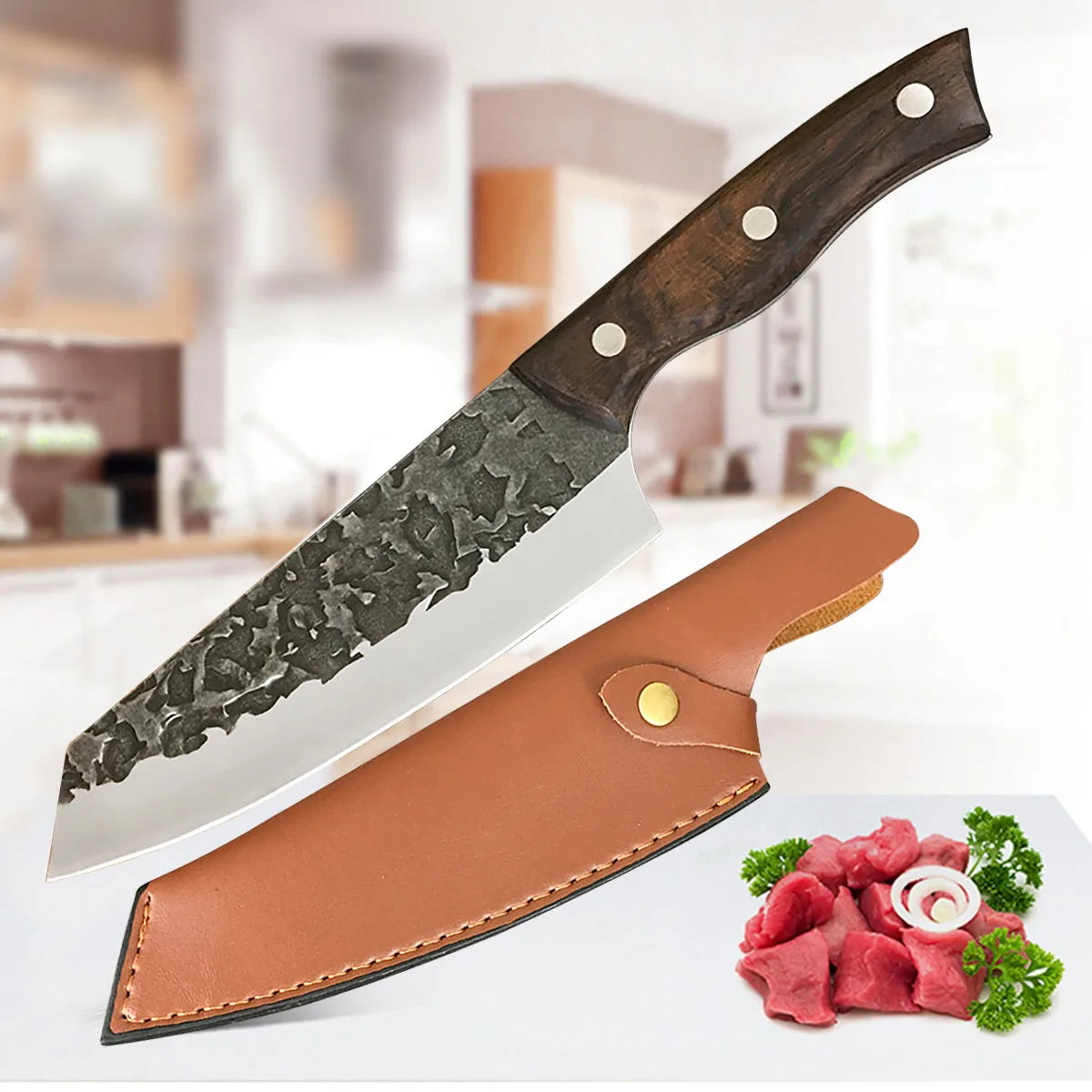 Full-tang Butcher Cleaver Kitchen Slicing Chopping Chef Knife Stainless Steel Vegetable Fish Fruit Knife