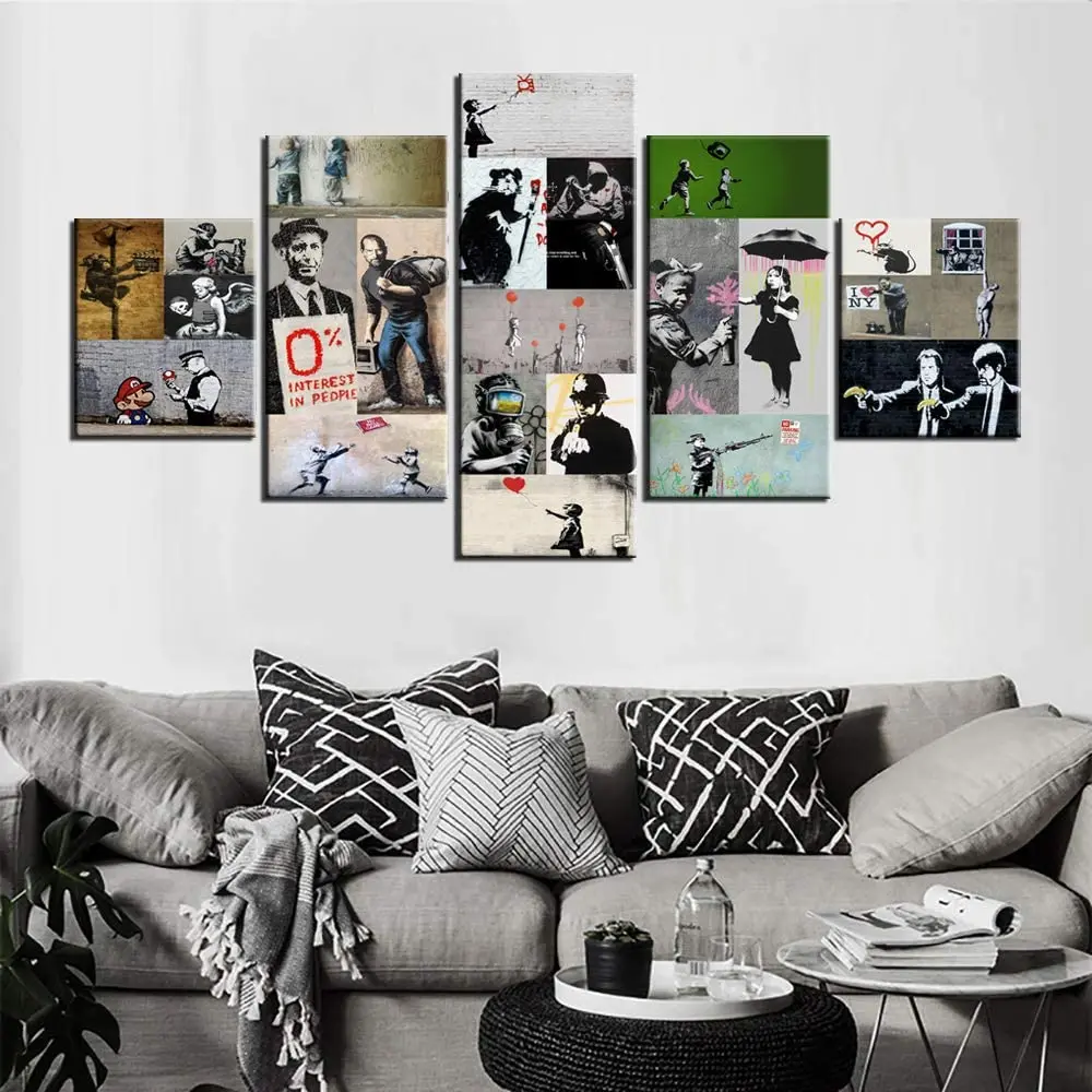 Unframed 5Pcs Grafitti Banksy Stencil Street Cuadros Canvas HD Posters Wall Art Picture Paintings for Living Room Home Decor