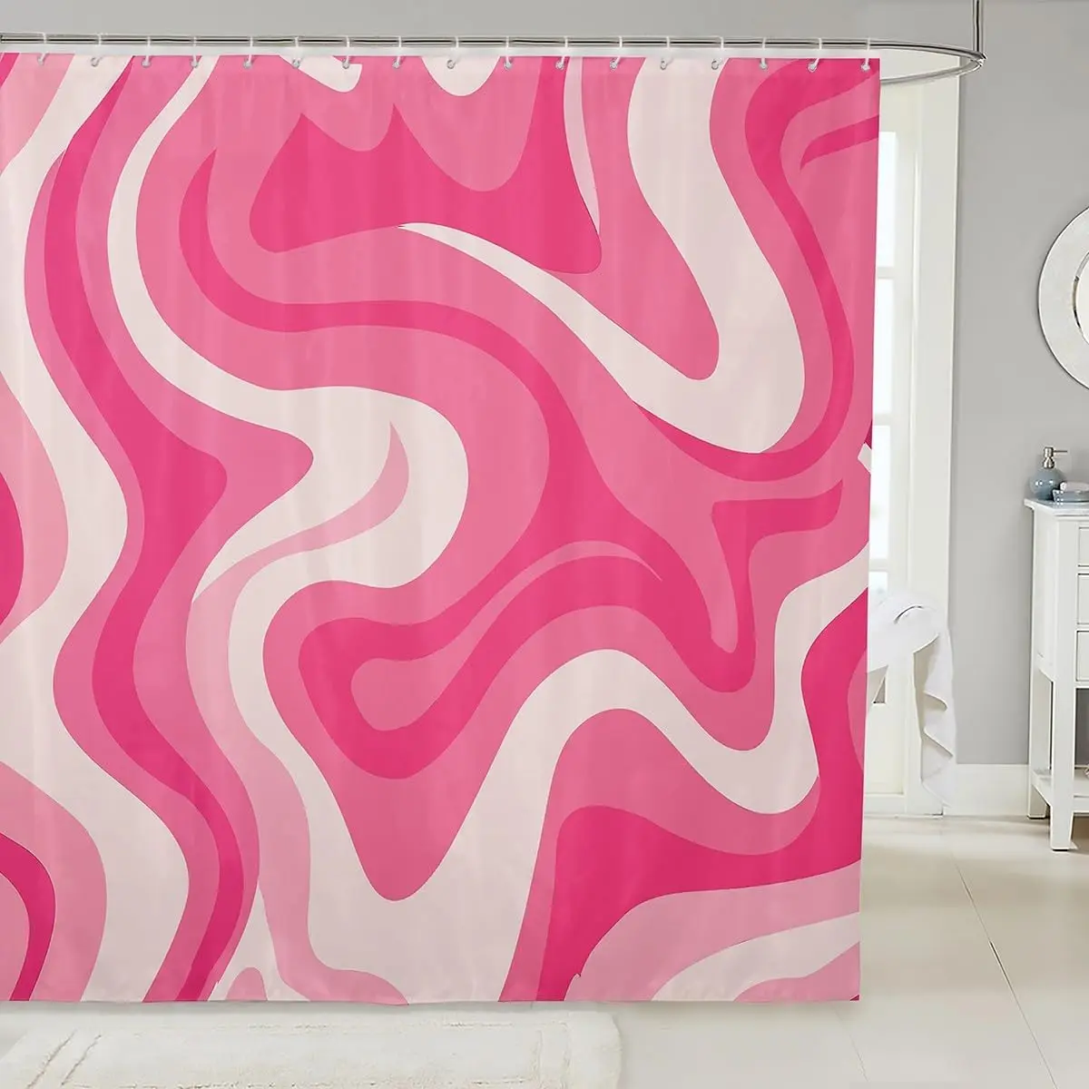 

1pc Pink Shower Curtain for Bathroom Decor 72" L x 72" W 70S 80S Abstract Vintage Preppy Bath Curtain Cute Wavy Swirl Bathr