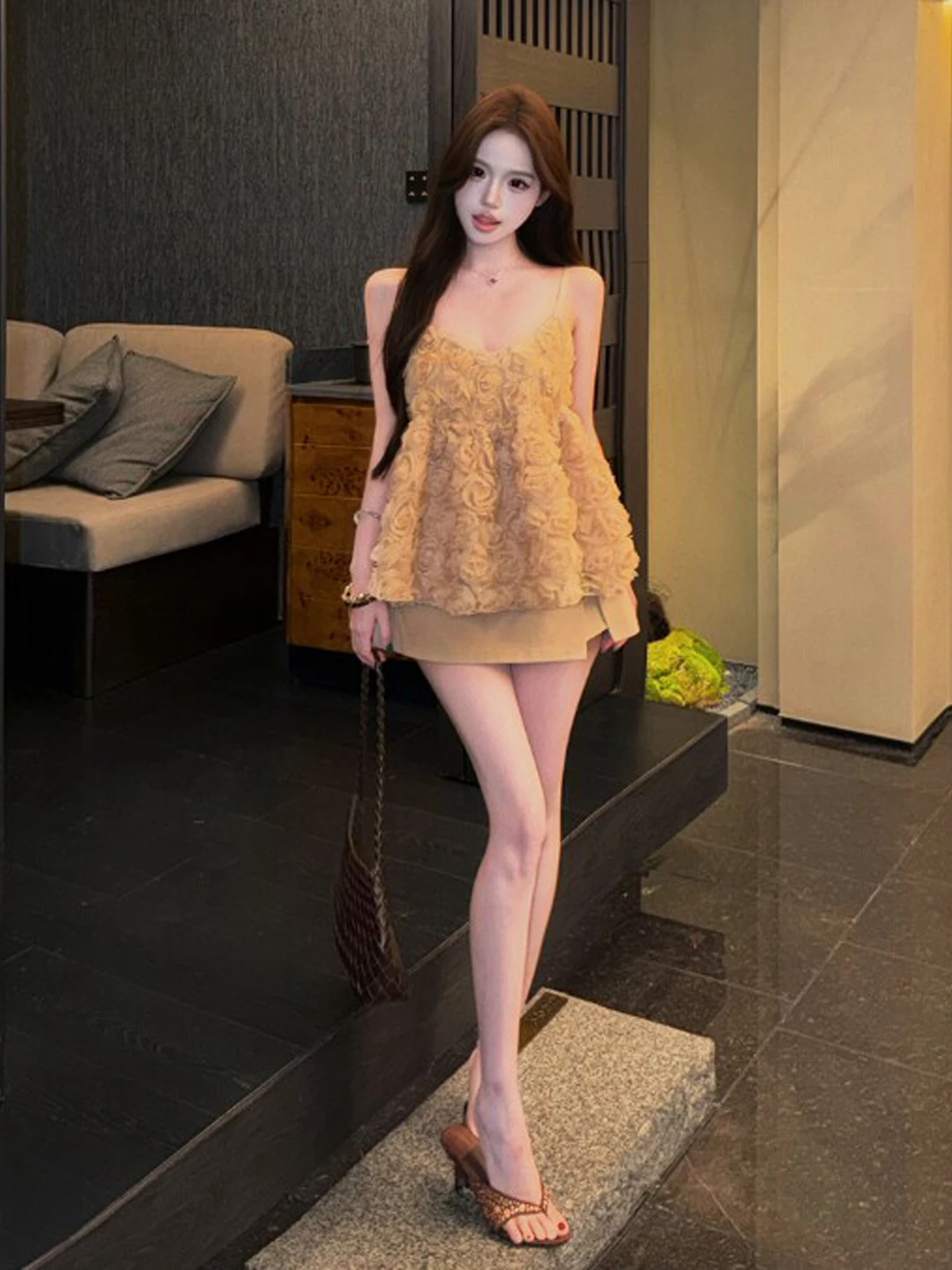 

Unique Stylish Halter Top Skirt Two-Piece Set Elegant Summer 2026 Comfortable Cotton High Waist V-Neck Sleeveless Pure Color