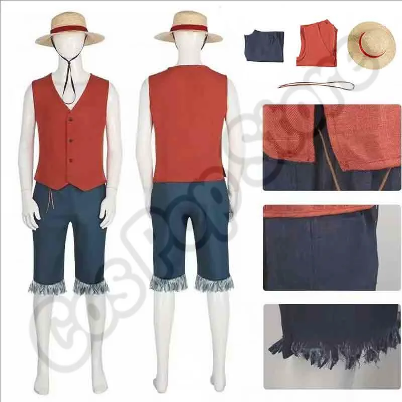 

Костюм для косплея аниме-персонажа Луффи, полный комплект с шляпой, верхом и брюками для взрослых мужчин, наряд для Хэллоуина, карнавала, вечеринки.