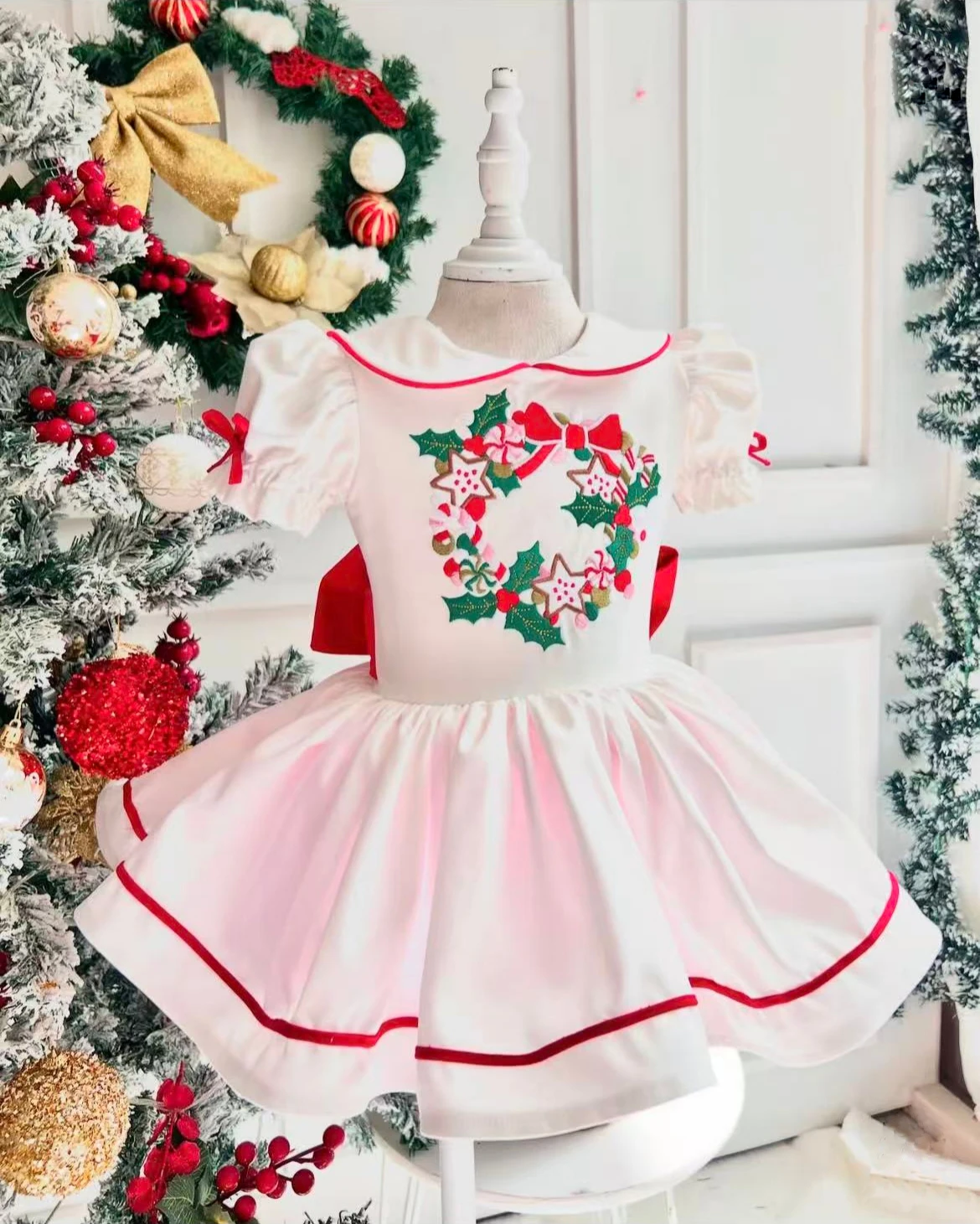 0-12Y Baby Girl Summer Lollipop Bell Leaf Embroidery White Vintage Princess Dress for Birthday Holiday Eid Christmas B466