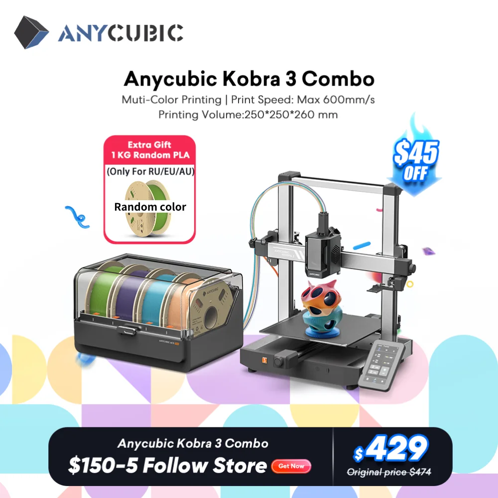 ANYCUBIC Kobra 3 Combo Multi-Color FDM 3D Printer With Max 600mm/s Printing Speed Build Size 250x250x260mm Print in 4 to 8 Color