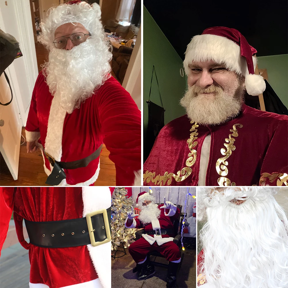 Santa Claus Clothes Christmas 7PCs Costume Outfits Red Deluxe Velvet Men Dress Up Holiday Family Party Cosplay Costumes