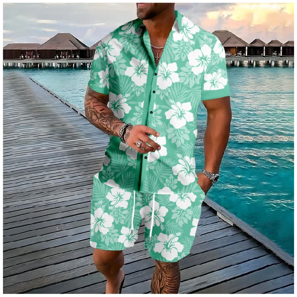 Conjunto de camisas estampadas de plantas 3D masculinas, camisa extragrande manga curta, shorts de praia casual, streetwear havaiano, moda verão