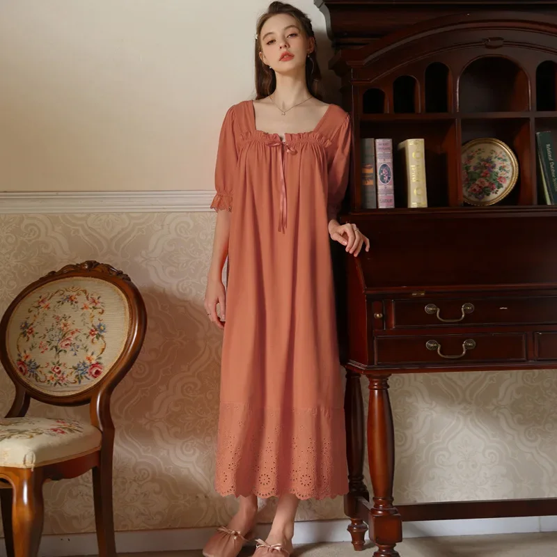 Embroidery Sweet Cotton Nightdress Princess Spring Summer Lace Long Sleepwear Vintage Loose Square Collar Short Sleeve Nightgown