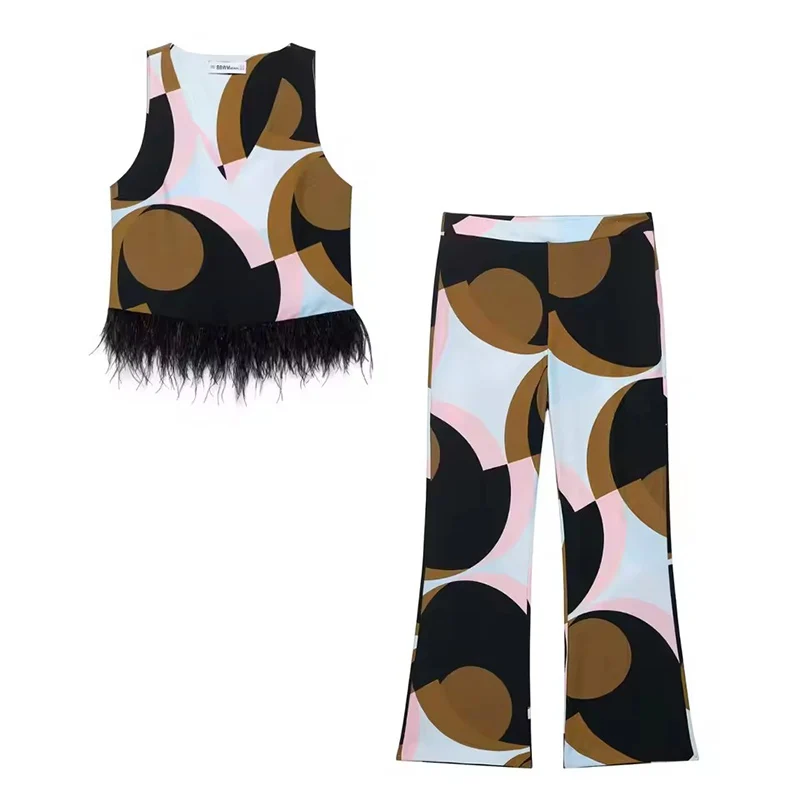 هندسية طباعة المرقعة سترة السراويل مجموعات للنساء 2 قطعة ريشة الديكور الخامس الرقبة تانك القمم الدعاوى ملابس امرأة عادية