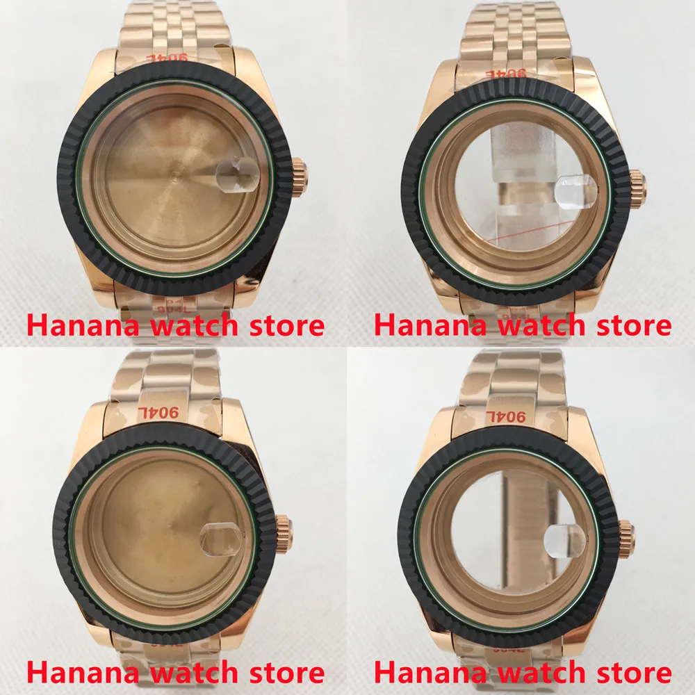 

36mm/39mm Black PVD Bezel Rose Gold Case Strap Sapphire Glass Green Edge Fits NH35 NH36 ETA2824 PT5000 Miyota Mingzhu Movement