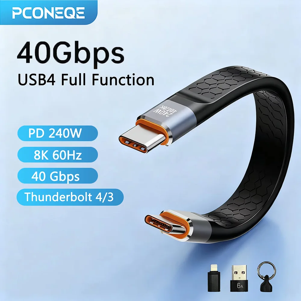PCONEQE USB 4 Cable Portable Keychain C to C Cable 240W 40/80Gbps for Thunderbolt 3/4 iPhone 17 with iPhone USB-A OTG Converter