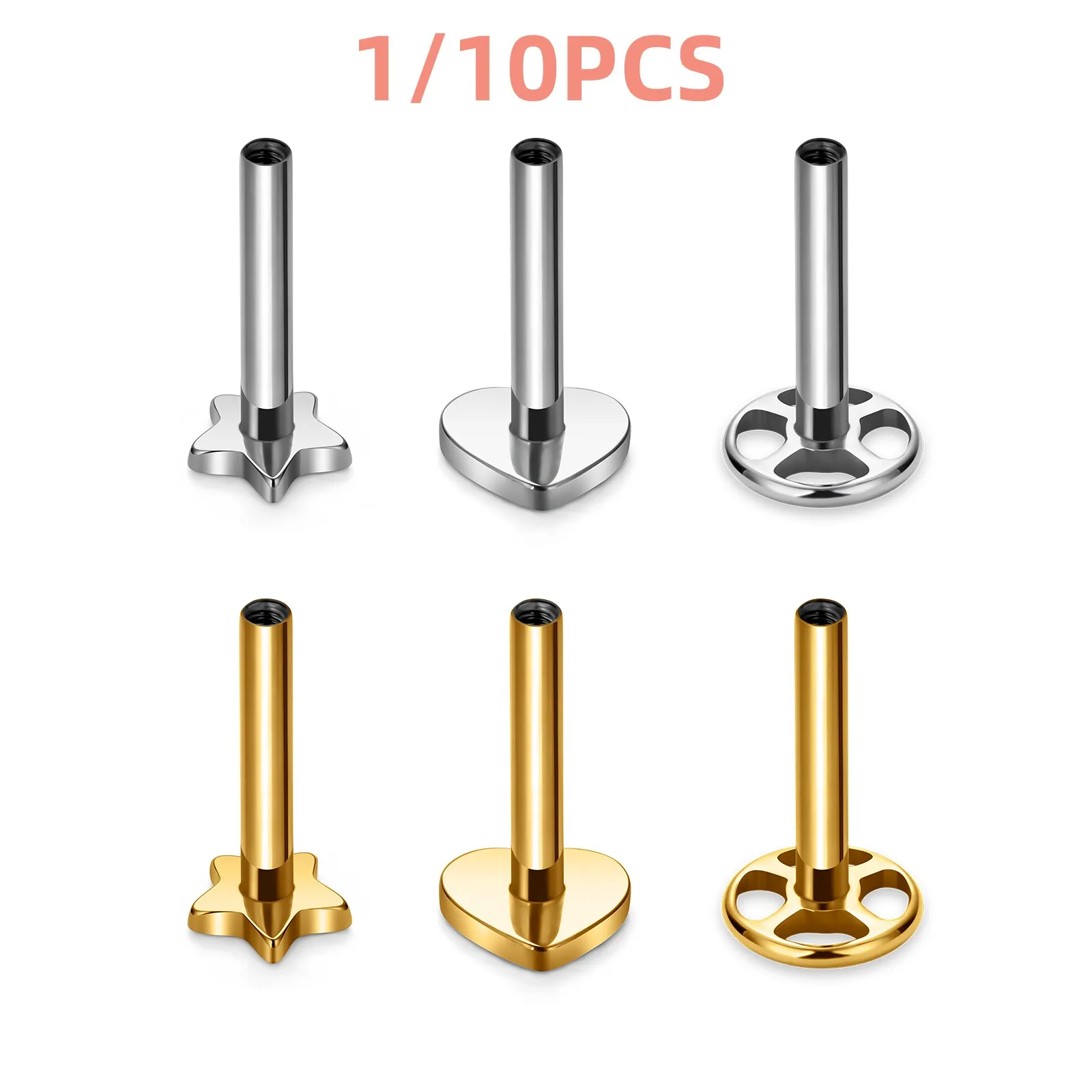 1/10PCS G23 F136 Titanium Jewelry Accessory Lip Nail Rod 16G Heart-Shaped Five-Star Round Cake Vacuum Gold-Plated Earring Base