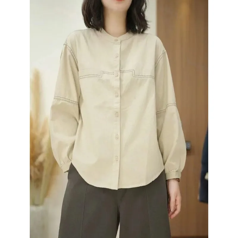 

Женская бежевая блузка с воротником-стойкой, длинным рукавом, на пуговицах, повседневная, свободного кроя