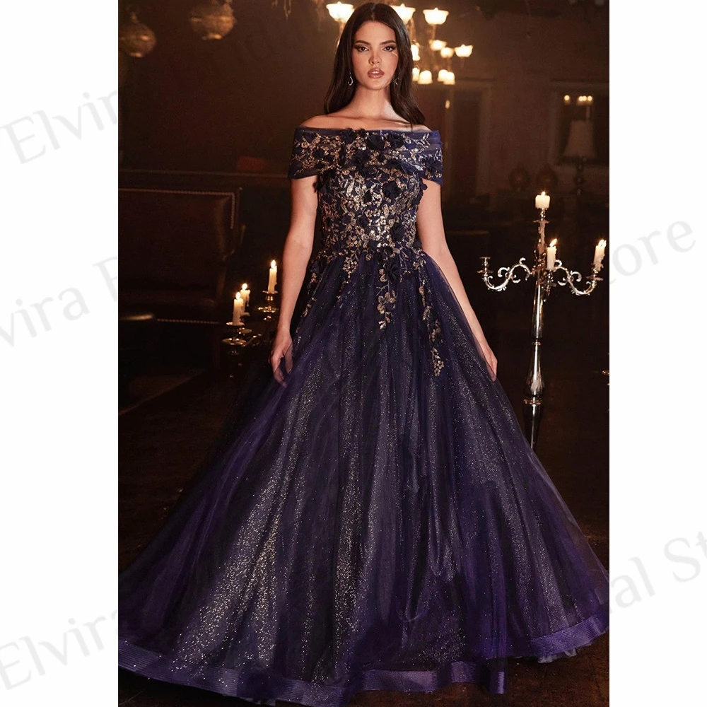 Customized Romantic Flowers Evening Dresses A-Line Ladies Tulle with Sequins Beads Off The Shoulder Backless Strapless Sweep Tra