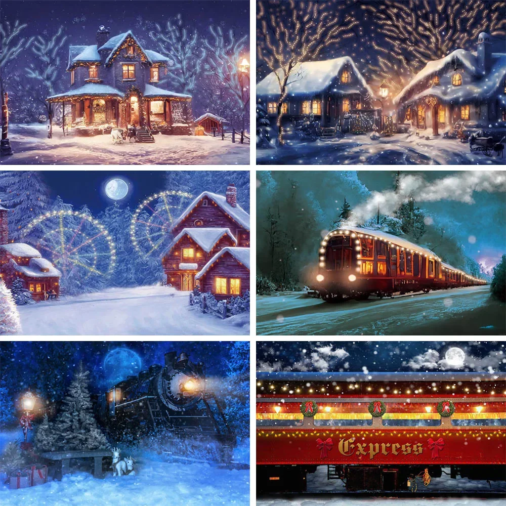 

Winter Snow Scene Kids Cake Smash Background Xmas Family Portrait Backdrops Christmas Town Moonlight Trains Party Supplies Props