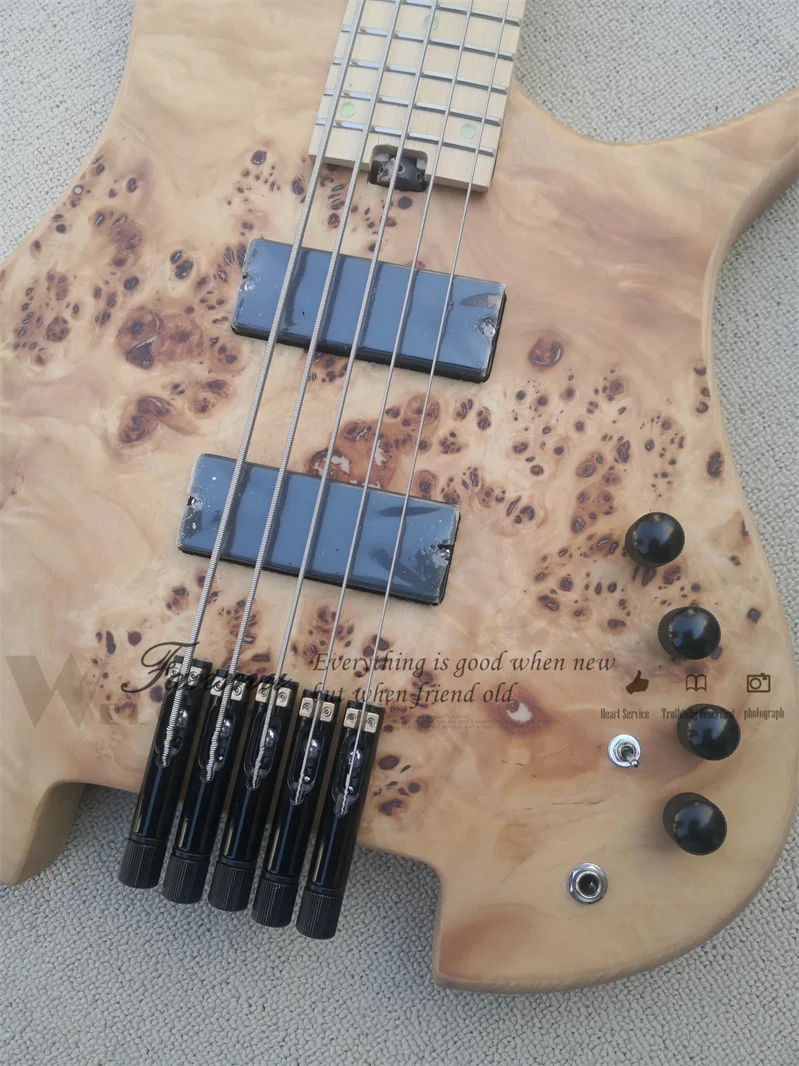 5 String Bass Guitar Headless Bass Naturl Bass ASH Wood Body Burl Maple Top Maple Neck High-quality Idependent  Bridge