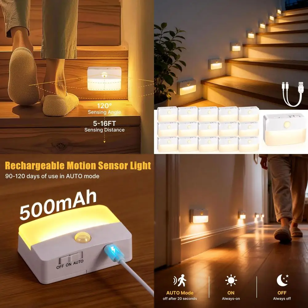 

16-пакет перезаряжаемых лестничных светильников с датчиком движения для использования в помещении, беспроводной ночник на батарейках, магнитная светодиодная палка на портативном устройстве