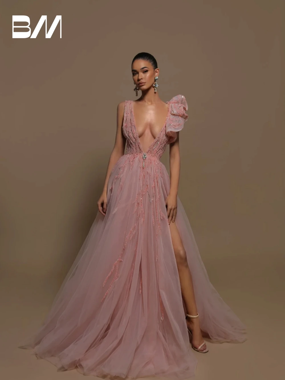 Stylish Sexy Deep V Neck And Back Sequined Evening Dress Modern Charming A Line Prom Gown Pink Tank Sleeves Cocktail Customized