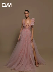 Stylish Sexy Deep V Neck And Back Sequined Evening Dress Modern Charming A Line Prom Gown Pink Tank Sleeves Cocktail Customized