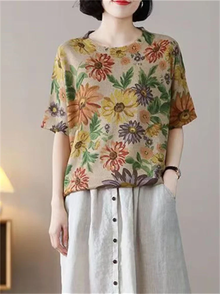 Oversized Summer New Vintage Cotton Linen Loose Woman Print Tshirt Korea Ladies Womens Casual Big Size Pullover Knitted Tops