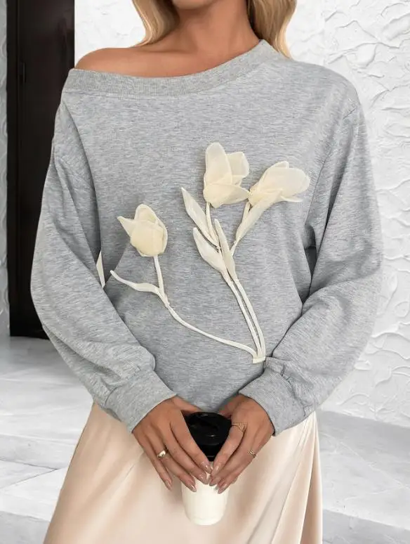 Women's Sweatshirts 2026 Spring New Casual Versatile Three-Dimensional Flower Decor Sloping Shoulder Gray Long Sleeved Top