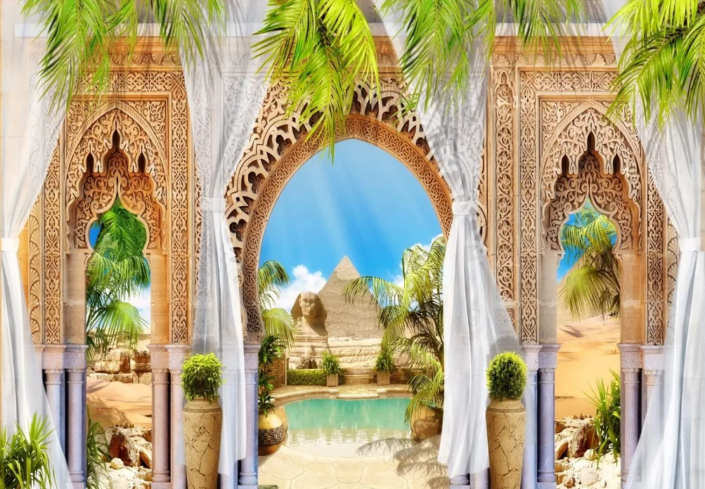 Hermoso fondo Fresco de Egipto, pirámide del desierto, esfinge, puerta de arco de jardín de estilo árabe con cortinas, Fondo de hojas tropicales