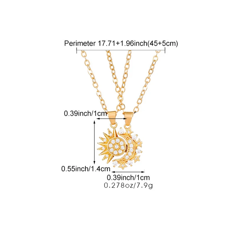 2-teiliges Set Magnetische Sonne-Mond-Anhänger Halsketten für Frauen und Männer Metall Zirkon Strass Sonne-Mond Paar-Halsketten Set Schmuck Geschenke – Detail 1