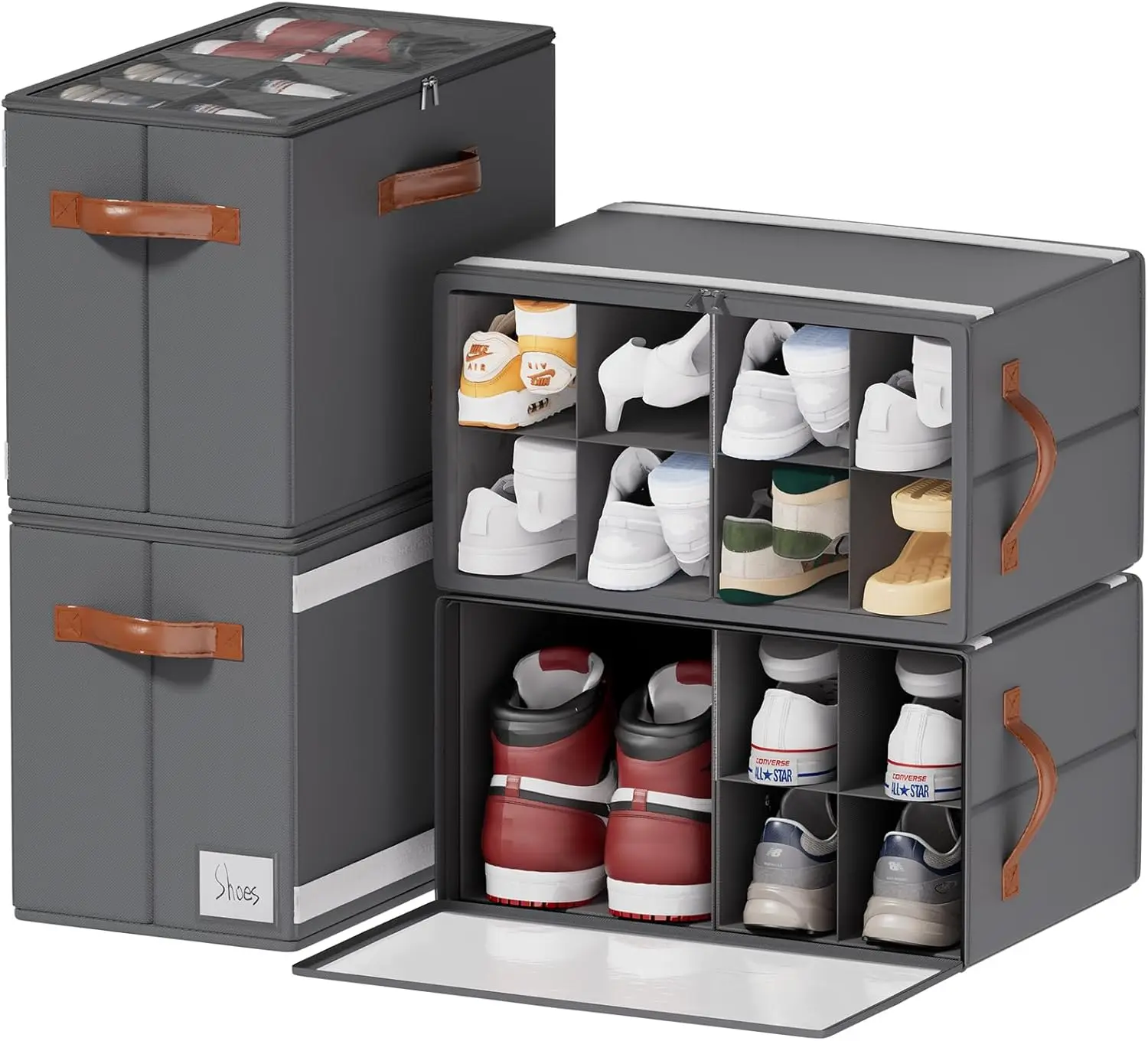 

Складной органайзер для обуви с регулируемыми разделителями, прозрачной крышкой, вмещает 32 пары, штабелируемый контейнер для хранения, серый цвет