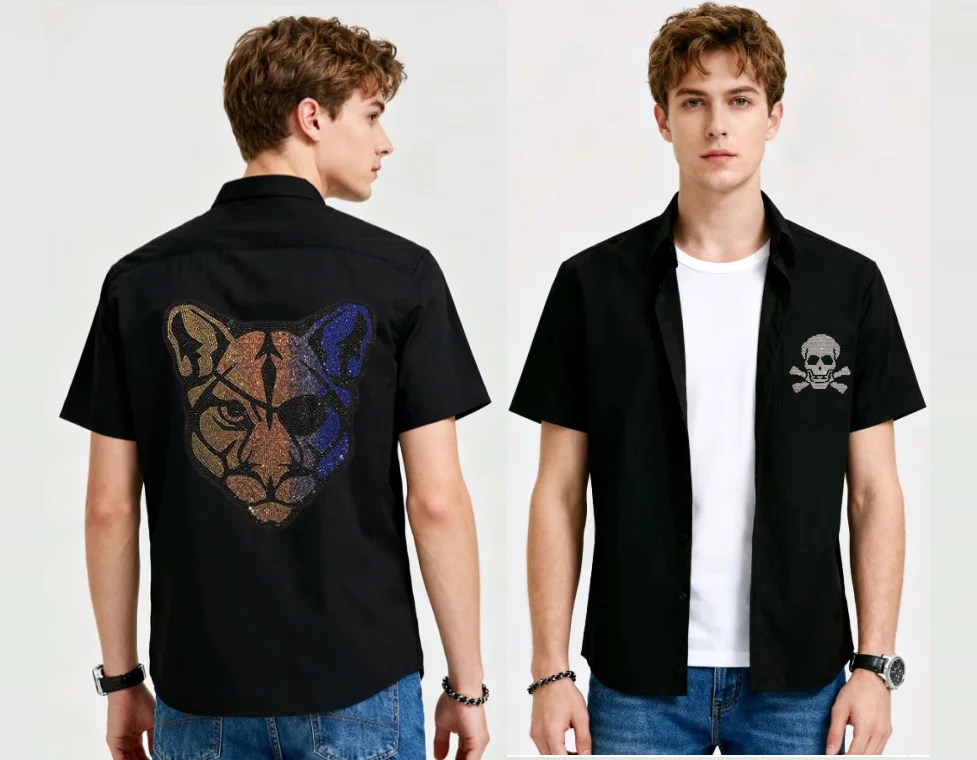 

Rhinestone-Detailed Men's Skull Short Sleeve Shirt Slim Fit Design Perfect for Summer Casual Wear Holiday shirts