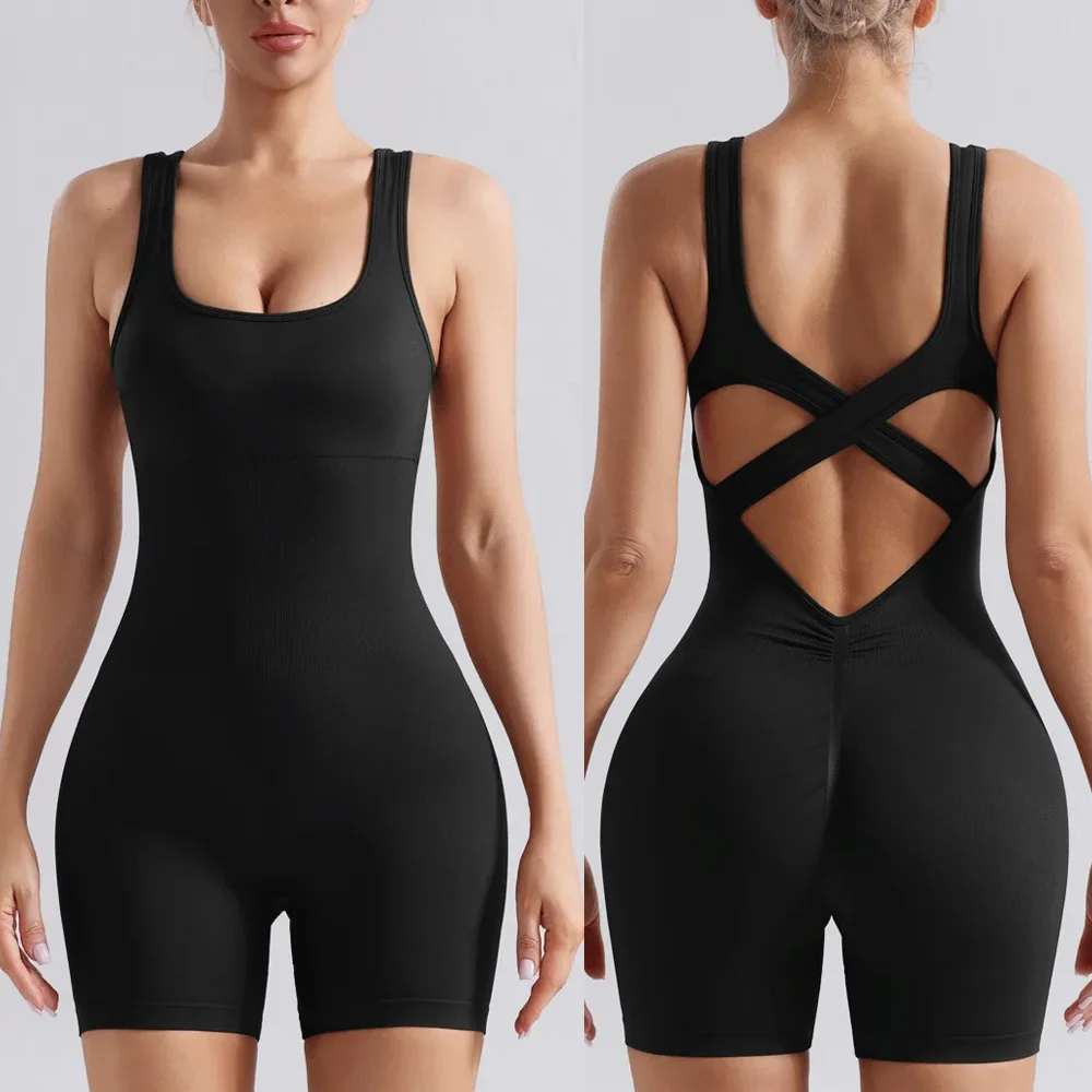

Mileegirl бесшовные цельные женские шорты для йоги комплект спортивный комбинезон с перекрестной спиной высокоэластичный облегающий спортивный костюм для спортзала с подушечками