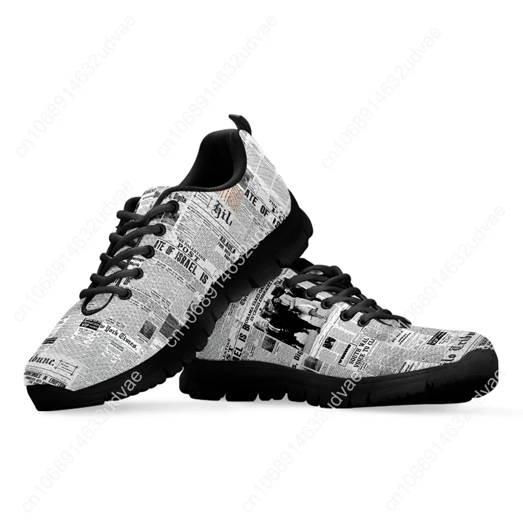 Vintage Newspaper Printing Lace up Casual Sneaker for Women Fashion Light Walk Flat Shoe Breathable Mesh Footwear