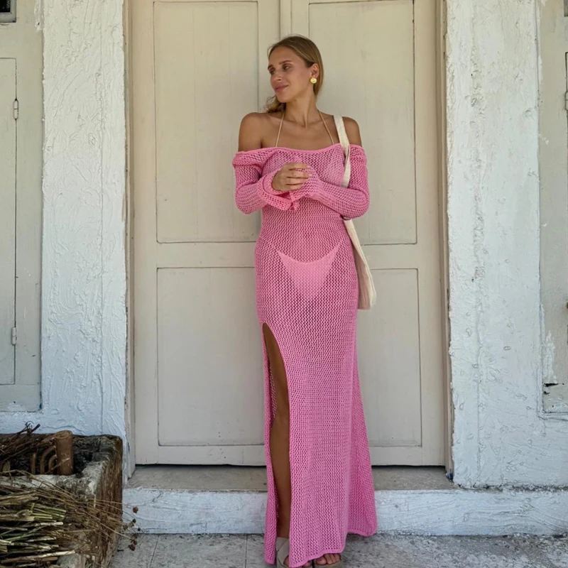 

Solid-Color Backless Beach Dress With Laid-Back Style, Loose Fita Side Slit, Open-Weave Knitted Dress For Women