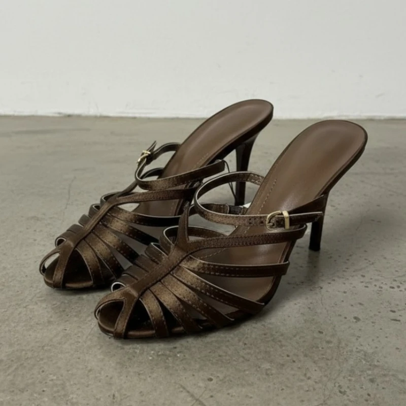 النساء المفتوحة تو صنادل عالية الكعب البني النسيج حزام تصميم أنيق الانزلاق على الكعب الخنجر قابل للتعديل مشبك أحذية الحفلات غير رسمية #1