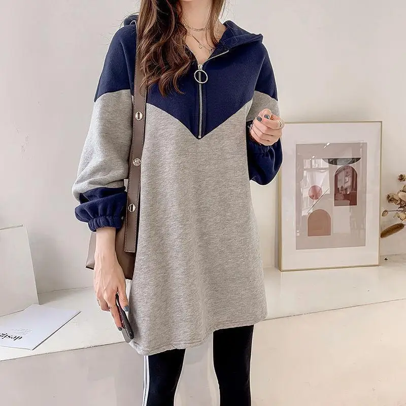 Fashion Casual Spliced Zipper Loose Hooded Sweatshirts Female Clothing 2023 Winter Oversized All-match Tops Commute Sweatshirts