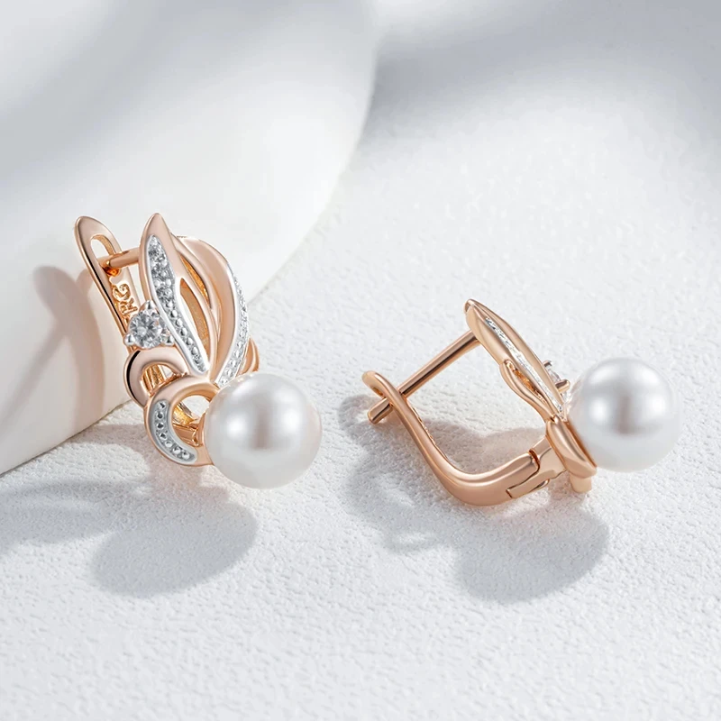 Wbmqda Luxury Pearl Drop Women\'s Earrings 585 Rose Gold Silver Mixed Color Retro Wedding Party Fine Jewelry