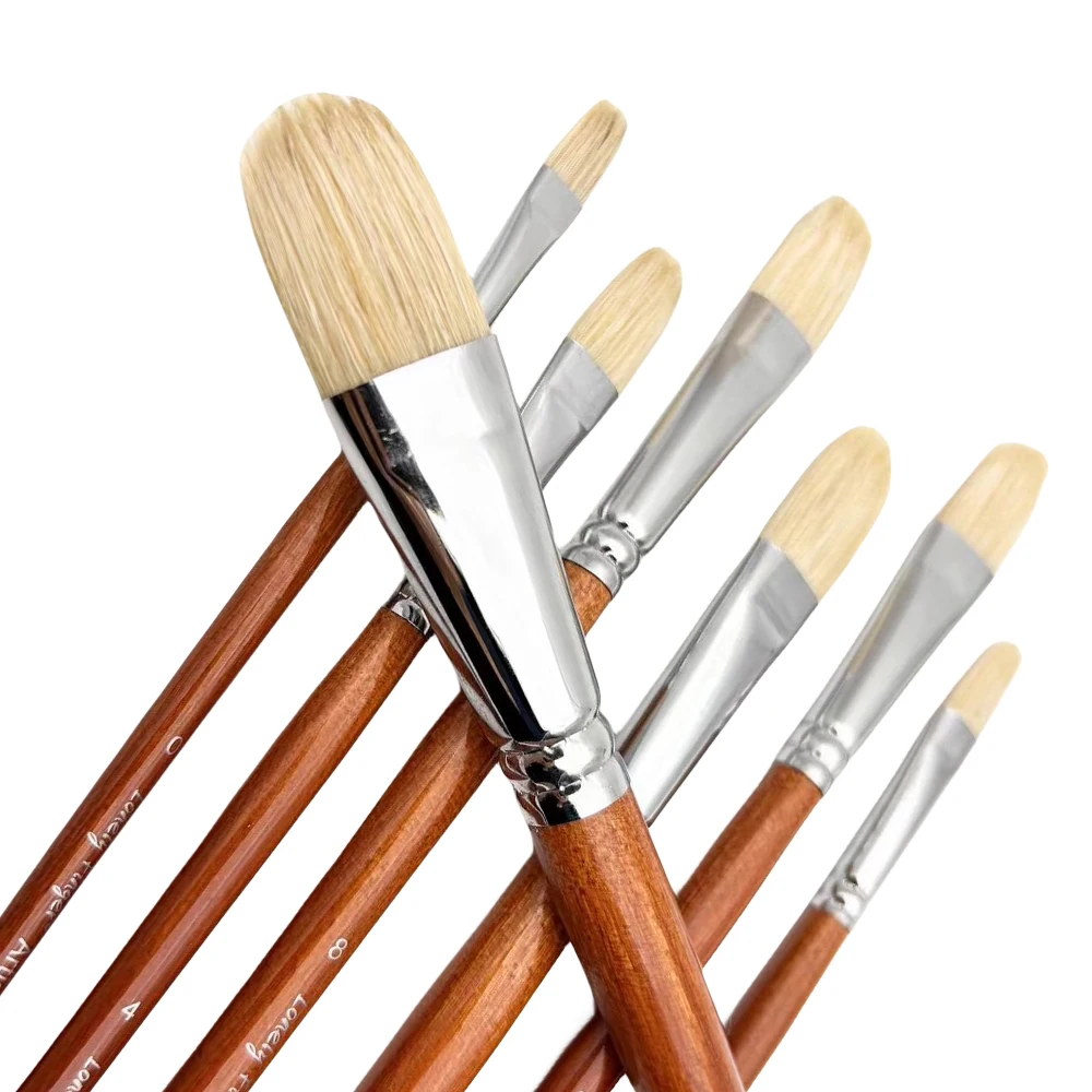 7pcs Professional Premium Long Handled Bristle Paint Brushes Set 100% Natural Chungking Hog Bristle Filbert/Fan Artist Brushes