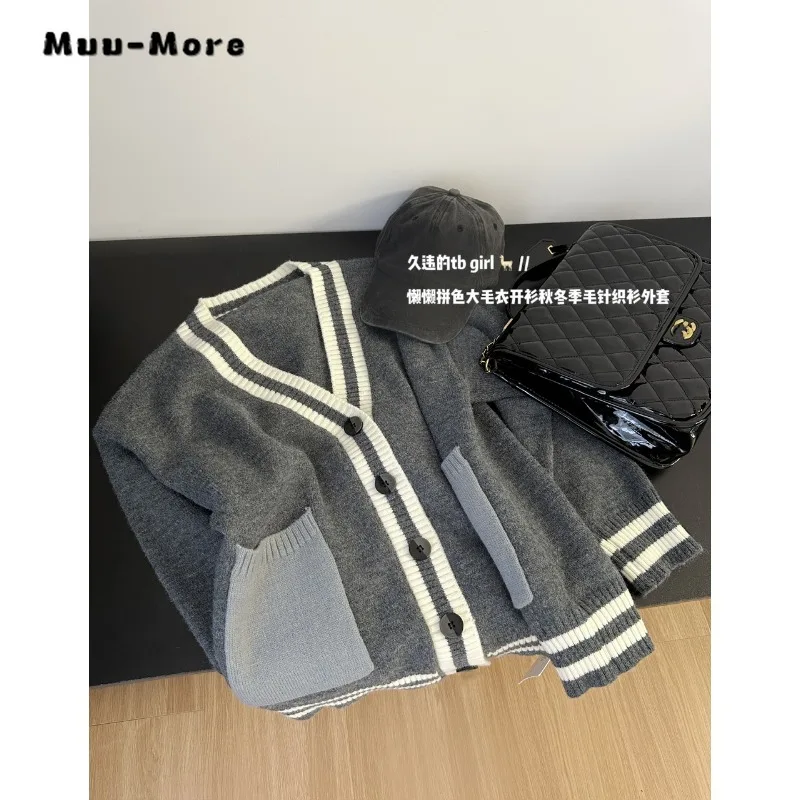 2023 Autumn Winter Knitting Long Sleeve Casual V-Neck Cardigans Women Patchwork Pockets Single Breasted Ladies Sweater Top