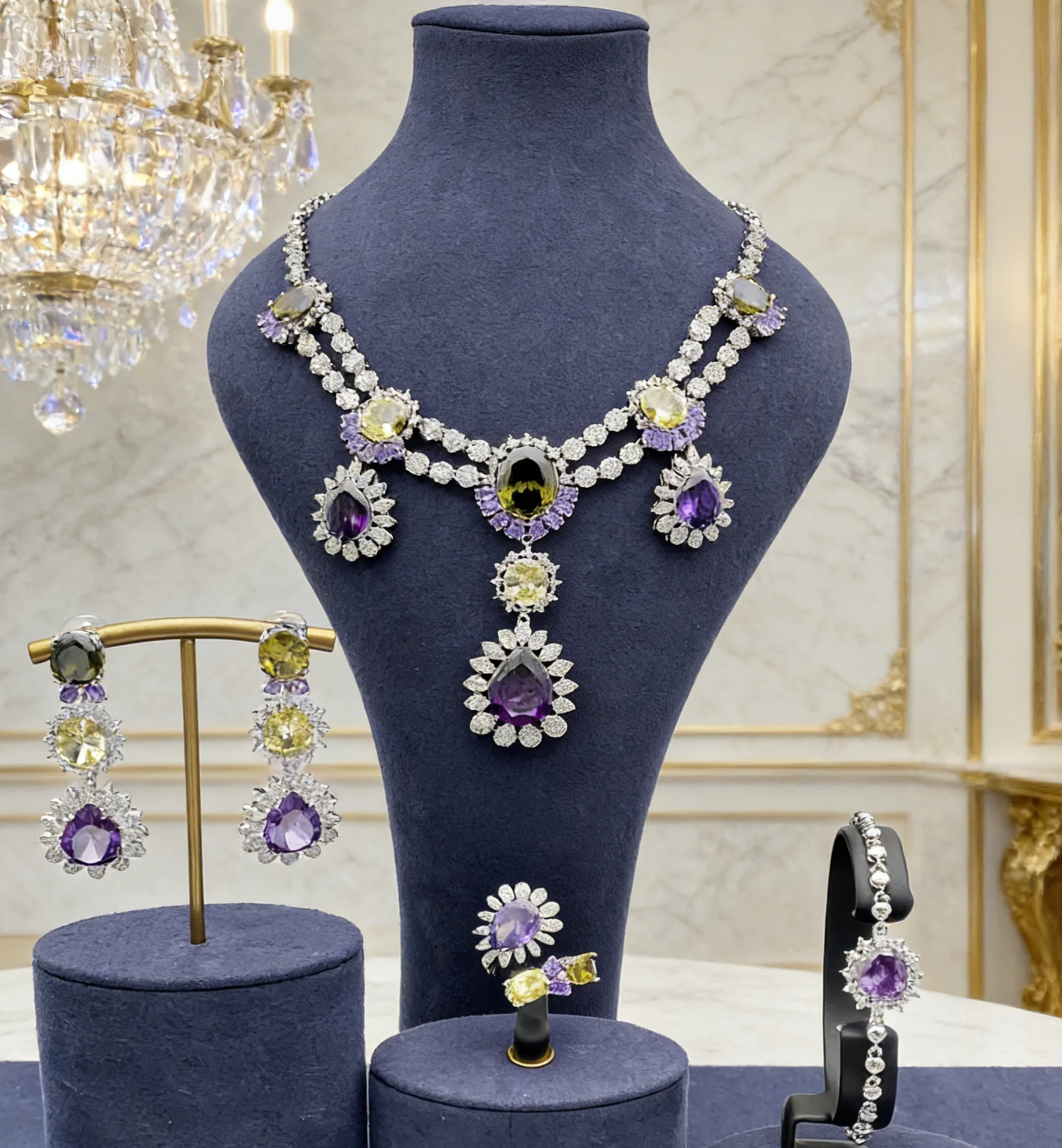 

JRH Luxury High Quality 4 Pc Gold Plated Sparkling Zircon Jewelry Set Bracelet Ring Necklace Earrings Women Elegant Accessories