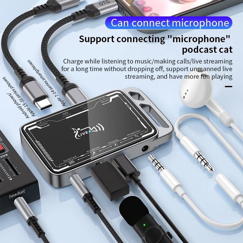 Mic Adapter Tiktok Live Broadcast for Apple Android 8 Pin Live Sound Card Audio Adapter Speaker Audio Interface Adapter