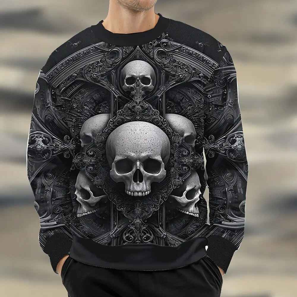

Vintage Skull Graphic Men's Sweatshirt 3D Print Retro Pattern Long Sleeve Pullover Loose Round Neck Comfortable Clothes For Male