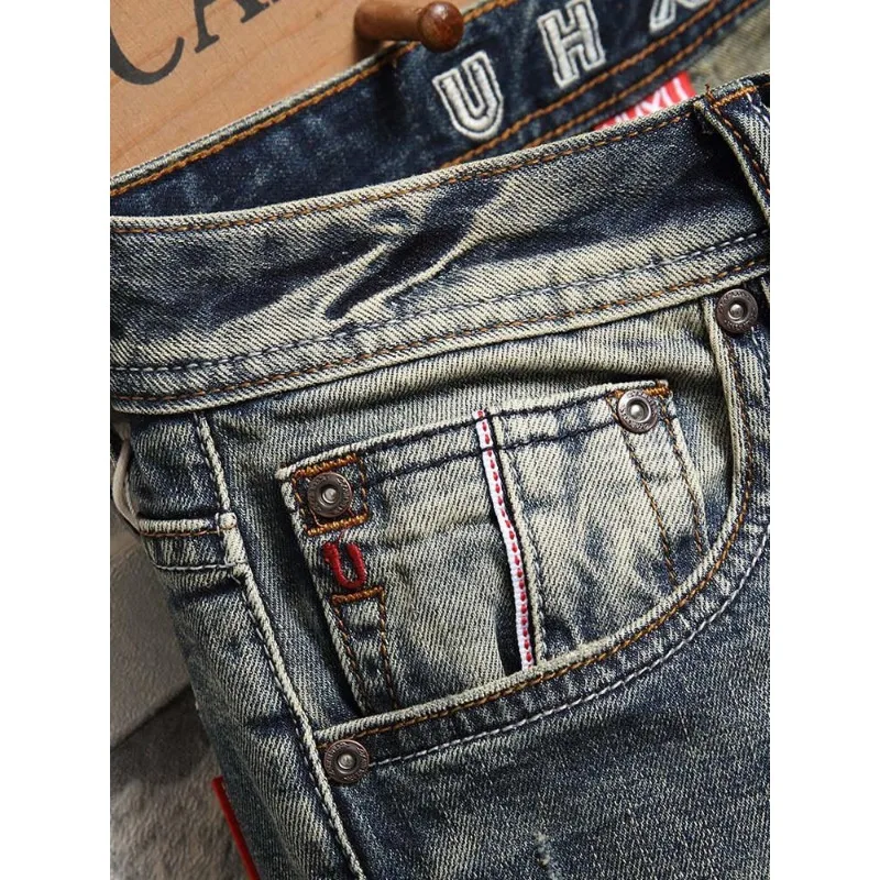 korean luxury clothing Harajuku Men\'s Casual Denim Knee-Length Shorts for 2024 Summer Vintage American Retro Style Jeans Shorts