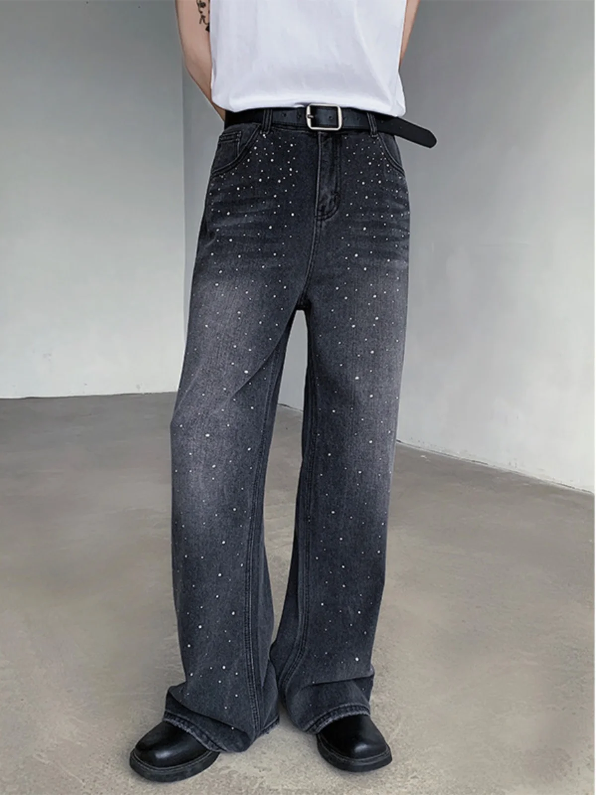 

Ретро американские Waed iny Rhinestone Bell Bot джинсы мужские свободные adient повседневные прямые длинные брюки модные