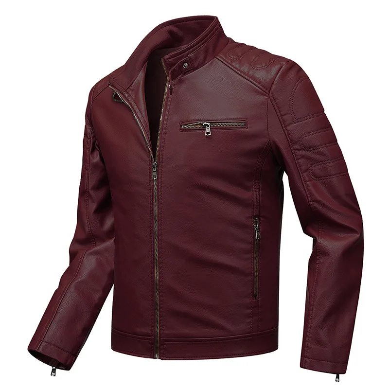 Autumn Winter Men's Zipper Leather Jacket Coat Slim Fitting Motorcycle Standing Collar Overcoat