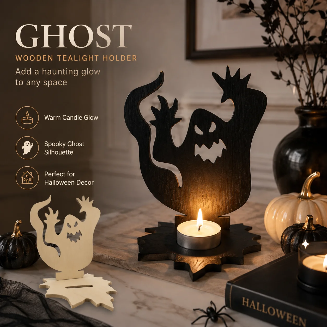 Reversible Halloween Wooden Ghost Tea Light Candle Holder