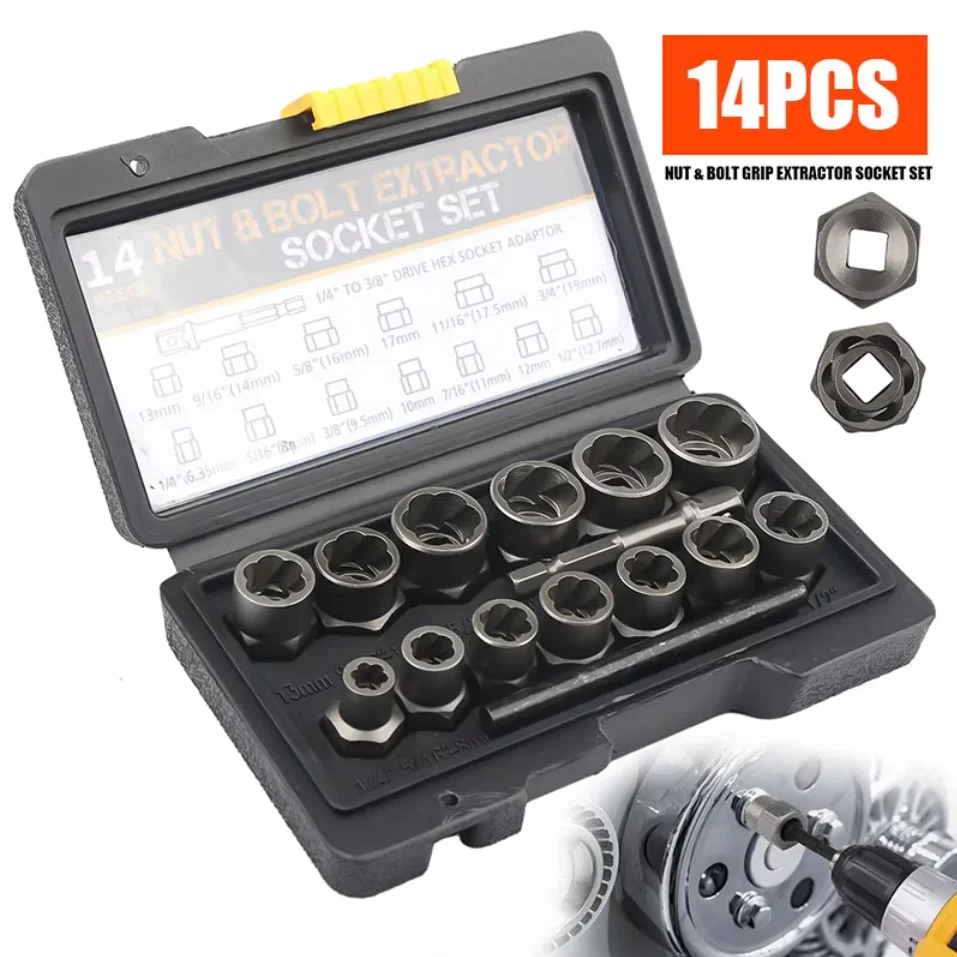 14Pc Extraction Socket Set Impact Bolt Nut Remover Set Bolt Extractor Tool Kit For Removing Damaged Bolts Nuts Screws
