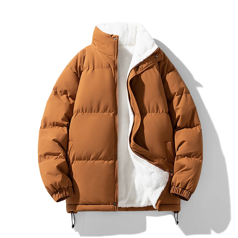 

Men's Cotton Windproof Warm Coat Men Winter Thick Warm Parka Coat Fleece Inside Male Solid Color Stand Collar Cotton Jacket