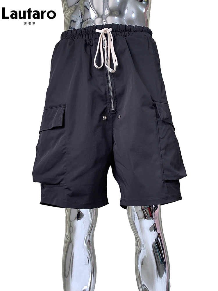 

Lautaro Summer Autumn Black Cargo Shorts for Men High Elastic Waist Drawstring Pockets Loose Casual Short Straight Pants Clothes